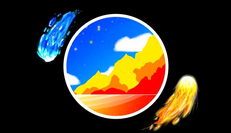 Illustration d'une boule de feu et de glace tournant autour d'un paysage